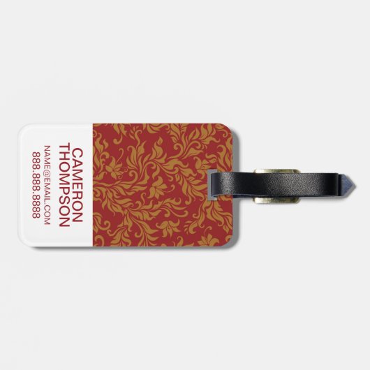 カスタムな写真及びモノグラムの赤及び金ゴールドの花柄パターン ラゲッジタグ (裏面横)