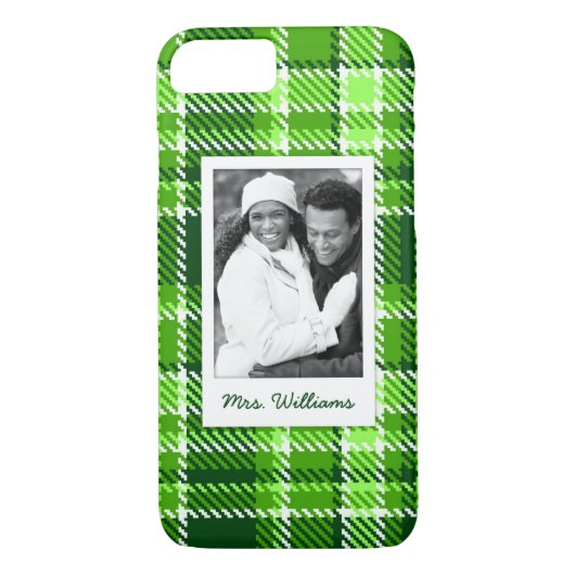 カスタムな写真及び名前のチェック模様の緑色パターン Case-Mate iPhoneケース (裏面)