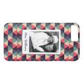 カスタムな写真及び名前のティール(緑がかった色)およびピンクの三角形パターン Case-Mate iPhoneケース (裏面(横))