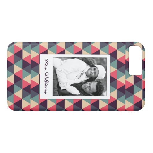 カスタムな写真及び名前のティール(緑がかった色)およびピンクの三角形パターン Case-Mate iPhoneケース (裏面(横))