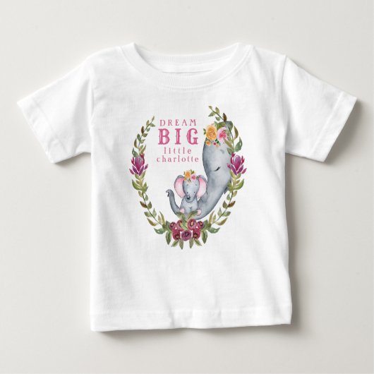 カスタムな夢の大きく小さい1象のピンクの花柄 ベビーTシャツ (正面)
