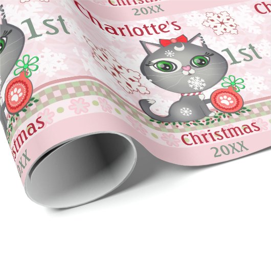 カスタムな女の赤ちゃん猫の初めてのクリスマス ラッピングペーパー (ロールコーナー)