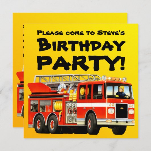 カスタムな子供の赤い普通消防車の誕生会 招待状 (正面/裏面)