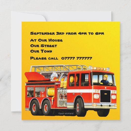 カスタムな子供の赤い普通消防車の誕生会 招待状 (裏面)