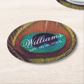 カスタムな孔雀の羽のクジャクの目の結婚披露宴 ラウンドペーパーコースター (アングル)