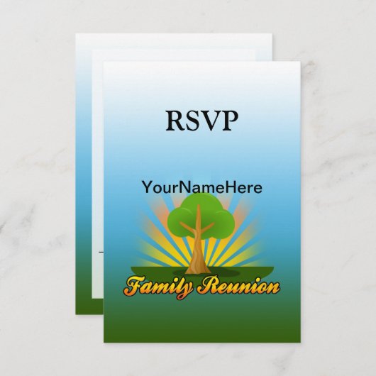 カスタムな家族会、日曜日光線が付いている緑の木 出欠カード (正面/裏面)