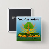 カスタムな家族会、日曜日光線が付いている緑の木 缶バッジ (正面&裏面)