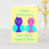 カスタムな幸せな第3結婚記念日のかわいいフクロウ カード (黄色い花)