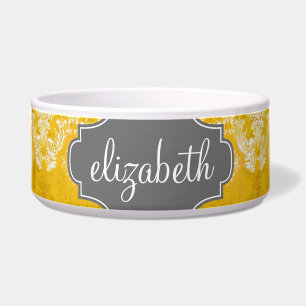 カスタムな文字が付いている黄色くグランジなダマスク織パターン ボウル