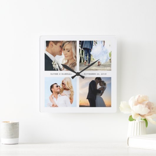 カスタムな文字が付いている4つの写真のコラージュ スクエア壁時計 (ホーム)