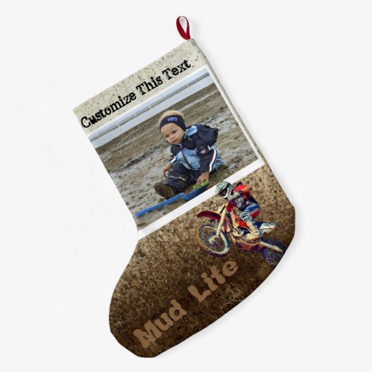 カスタムな文字の写真のオートバイの人の男の子のスポーツ ラージクリスマスストッキング (裏面 (吊り時))