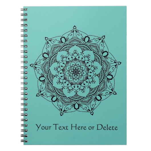 カスタムな文字の青緑のHennaの花の曼荼羅 ノートブック (正面)