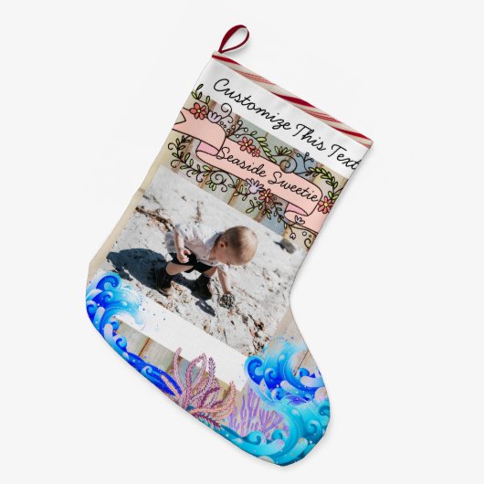 カスタムな文字または写真のビーチの島の海岸の海 ラージクリスマスストッキング (正面 (吊り時))