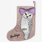 カスタムな文字/ばら色の金ゴールドのグリッターの赤面のパステルのフクロウ スモールクリスマスストッキング (裏面)