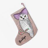 カスタムな文字/ばら色の金ゴールドのグリッターの赤面のパステルのフクロウ スモールクリスマスストッキング (裏面 (吊り時))