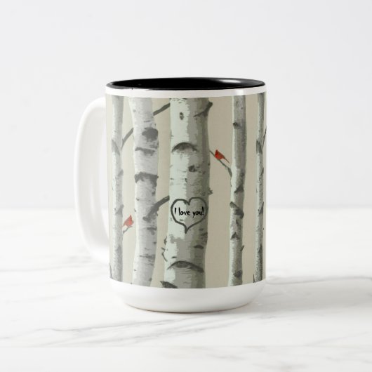 カスタムな樺の木のバレンタインの文字によって切り分けられるハート ツートーンマグカップ (正面左)