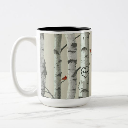 カスタムな樺の木のバレンタインの文字によって切り分けられるハート ツートーンマグカップ (左)