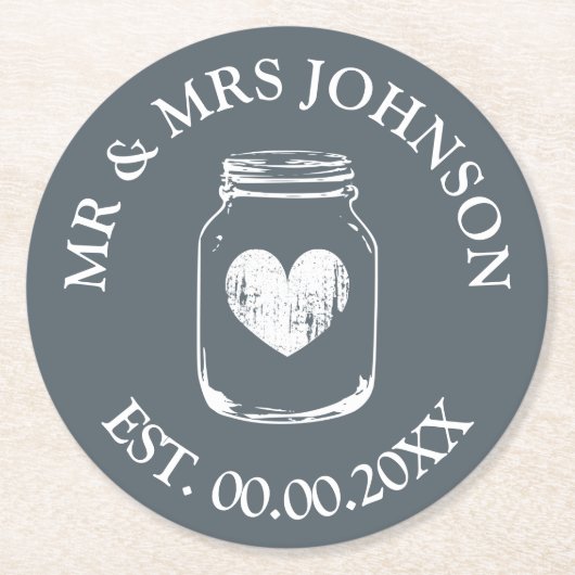カスタムな氏および夫人メーソンジャーの結婚披露宴のコースター ラウンドペーパーコースター (正面)