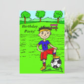 カスタムな漫画のサッカーの男の子の誕生会Invitatio 招待状 (スタンド正面)