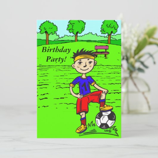 カスタムな漫画のサッカーの男の子の誕生会Invitatio 招待状 (スタンド正面)