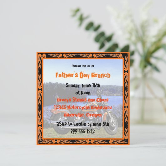 カスタムな父の日のブランチの招待(バイクもしくは自転車に乗る人のデザイン) 招待状 (スタンド正面)