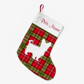 カスタムな犬の品種赤い及び緑の格子縞 スモールクリスマスストッキング (正面 (吊り時))