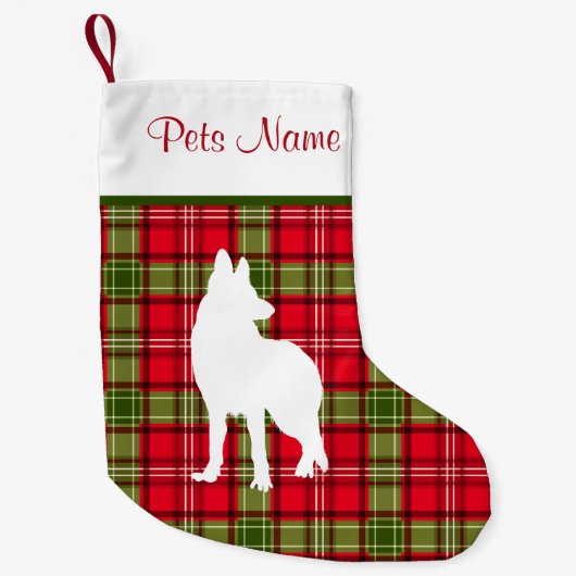 カスタムな犬の品種赤い及び緑の格子縞 スモールクリスマスストッキング (正面)