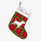 カスタムな犬の品種赤い及び緑の格子縞 スモールクリスマスストッキング (正面 (吊り時))