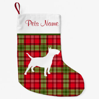 カスタムな犬の品種赤い及び緑の格子縞 スモールクリスマスストッキング