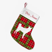 カスタムな犬の品種赤い及び緑の格子縞 スモールクリスマスストッキング (正面 (吊り時))