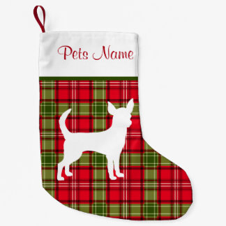 カスタムな犬の品種赤い及び緑の格子縞 スモールクリスマスストッキング