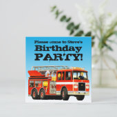 カスタムな男の子の誕生日の普通消防車のパーティー 招待状 (スタンド正面)