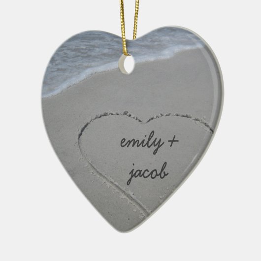 カスタムな砂のハート私達の初めてのクリスマスのオーナメント セラミックオーナメント (左)
