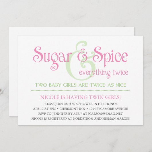 カスタムな砂糖及びスパイスの双生児のベビーシャワーの招待状 招待状 (正面/裏面)