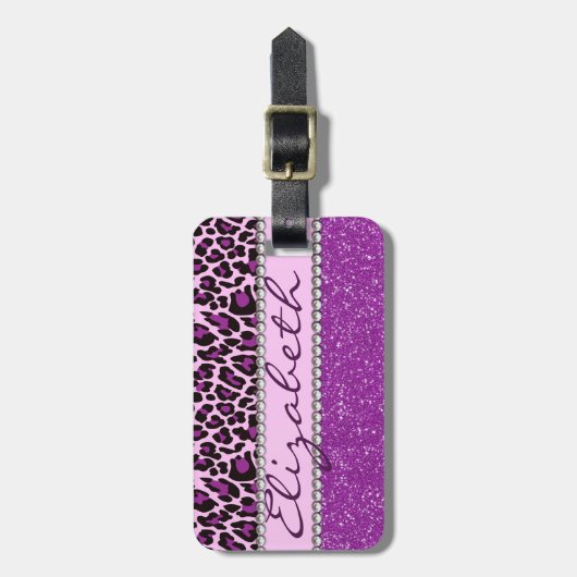 カスタムな紫色のヒョウのプリントのグリッター ラゲッジタグ (正面縦)