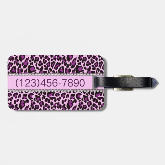 カスタムな紫色のヒョウのプリントのグリッター ラゲッジタグ (裏面横)