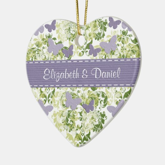 カスタムな紫色の蝶オーナメントの結婚式の引き出物 セラミックオーナメント (左)