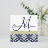 カスタムな結婚式招待状のモノグラムの青のダマスク織 招待状 (スタンド正面)