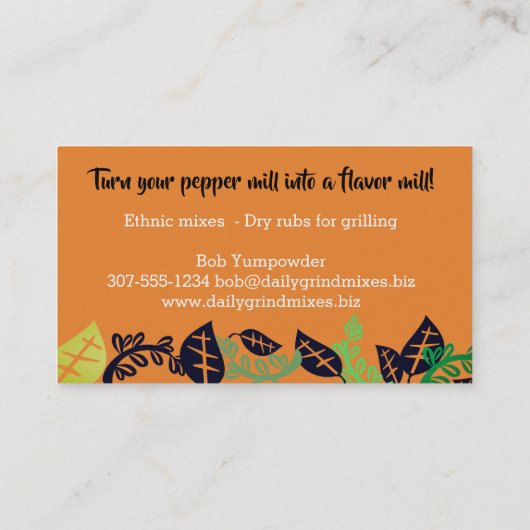 カスタムな色のコショウ挽きのハーブのスパイスの名刺 名刺 (裏面)