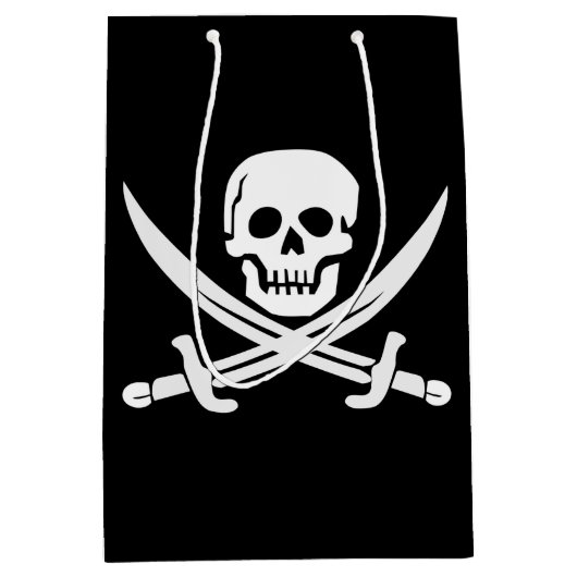 カスタムな色の海賊かスカルまたは剣の黒いギフトバッグ ミディアムペーパーバッグ (正面)