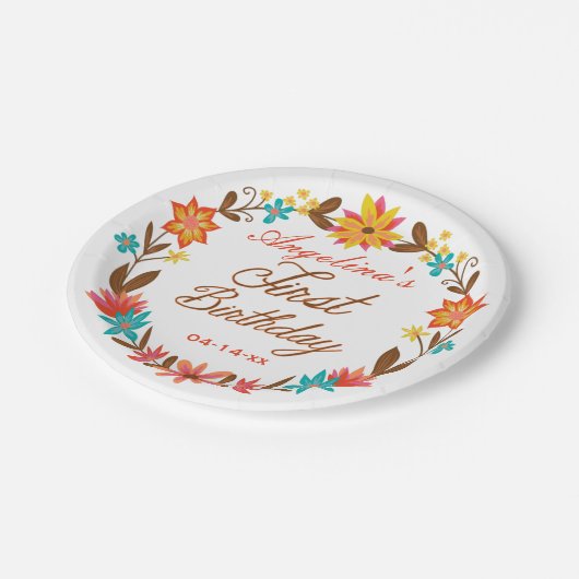 カスタムな花のリースの第1誕生日の紙皿 ペーパープレート (アングル)