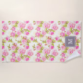 カスタムな花パターン古いばら色のモノグラムのビーチT ビーチタオル (正面)