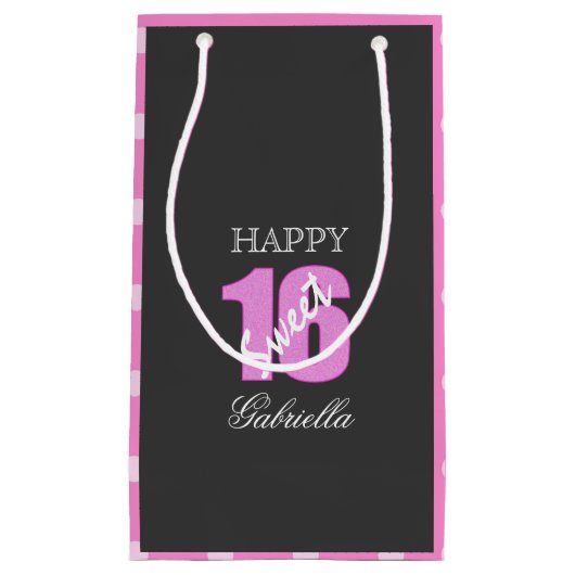 カスタムな菓子16のギフトバッグ: 黒いピンクの水玉模様 スモールペーパーバッグ (正面)