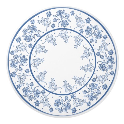 カスタムな藍色の花のボーダー引出しのノブ セラミックノブ (正面)