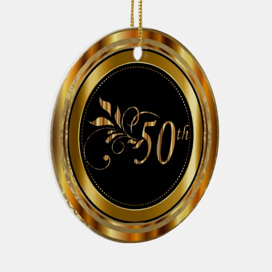 カスタムな金ゴールドのダマスク織第50の結婚記念日 セラミックオーナメント (右)
