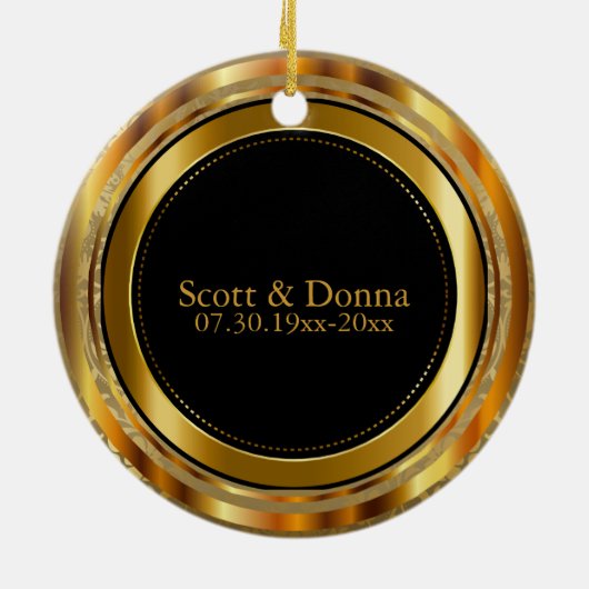 カスタムな金ゴールドのダマスク織第50の結婚記念日 セラミックオーナメント (裏面)