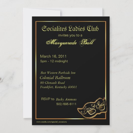 カスタムな金属金ゴールドの仮面舞踏会の招待状 招待状 (裏面)