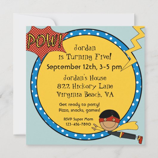 カスタムな黒髪の男の子の英雄の誕生日の招待 招待状 (裏面)