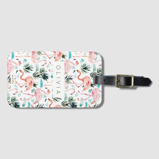 カスタムなAWKWARRRDの水彩画のピンクのフラミンゴ ラゲッジタグ (正面横)