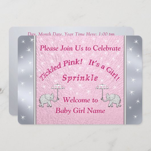 カスタムによってくすぐられるピンクの女の赤ちゃんは招待状を振りかけます 招待状 (正面/裏面)